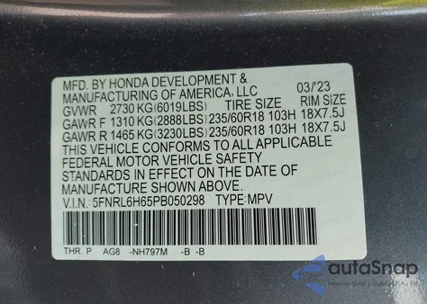 2023 Honda Odyssey Ex-L из США, поврежденный, VIN 5FNRL6H65PB050298